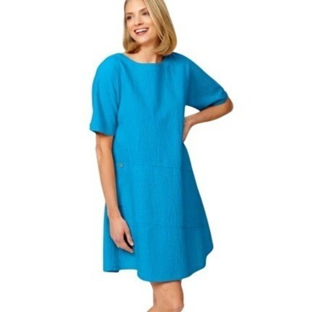 Vermont Country Store Dress Women's Small Blue Textured Seersucker Shift Pocket